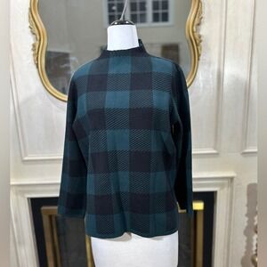 Anne Klein Women's Medium Plaid Mock Neck Top TreeLine Black Jersey knitPullover